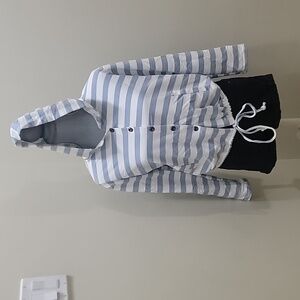 Cute Hooded Comfy long striped white and blue sweater size large